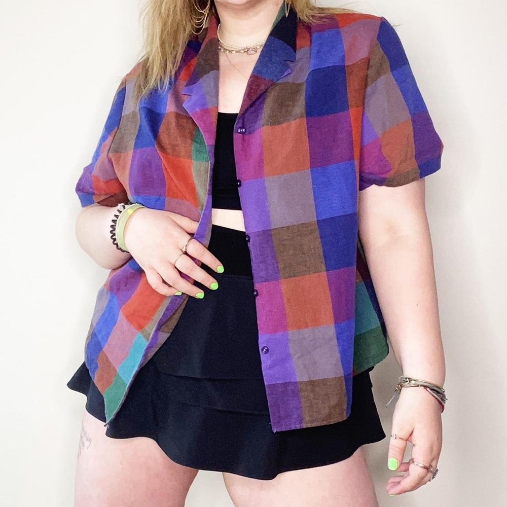 plaid checkerboard multicolor little button up top 18w
